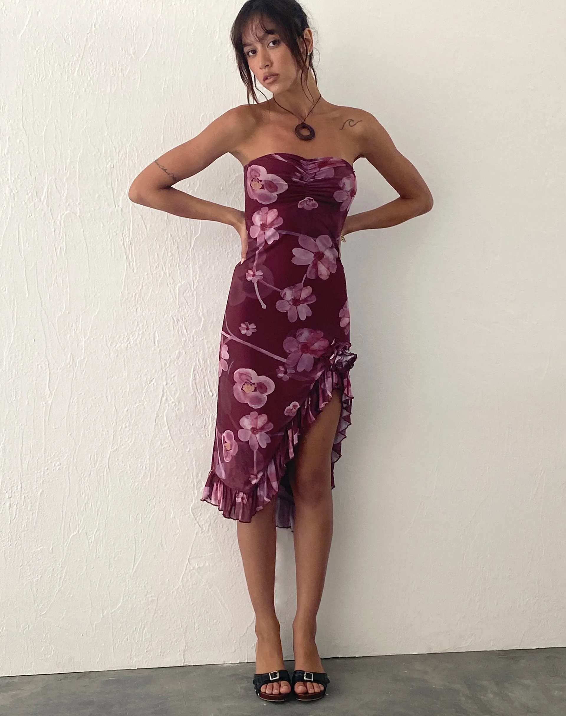 Weti Bandeau Mini Dress with Waterfall Hem in Watercolour Floral Berry