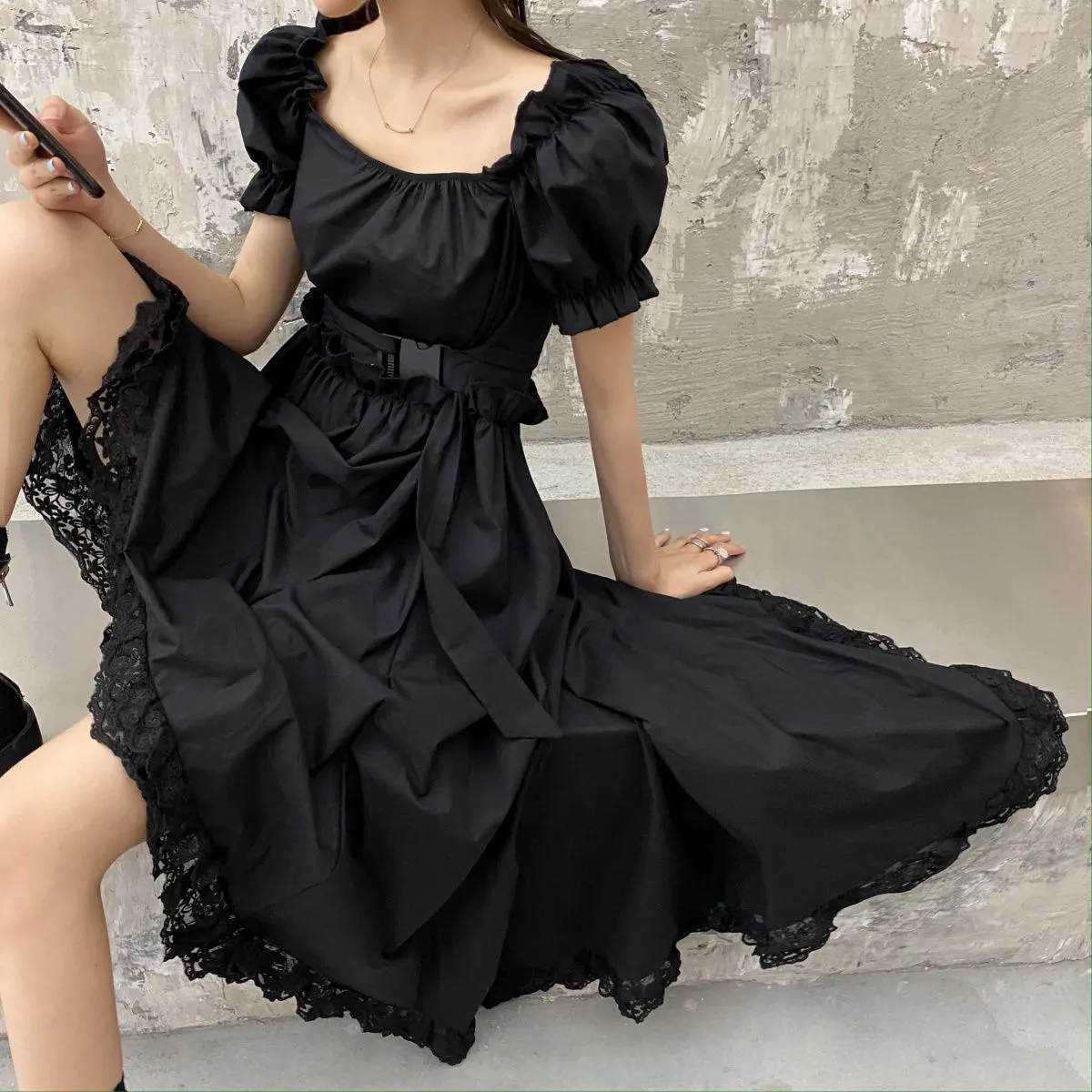 Wjczt Harajuku Y2k Cyber Alt Dress E Girl Ruffle Hepburn Kawaii Ropa Fairycore Irregular Black Gothic Dresses Emo Mini Lolita Vestidos