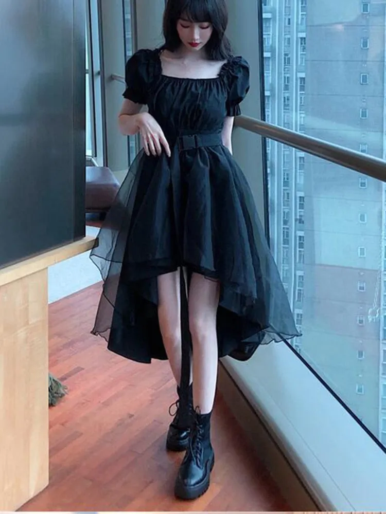 Wjczt Harajuku Y2k Cyber Alt Dress E Girl Ruffle Hepburn Kawaii Ropa Fairycore Irregular Black Gothic Dresses Emo Mini Lolita Vestidos