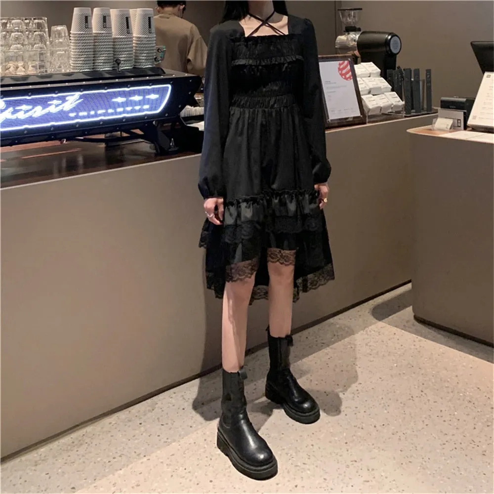 Wjczt Harajuku Y2k Cyber Alt Dress E Girl Ruffle Hepburn Kawaii Ropa Fairycore Irregular Black Gothic Dresses Emo Mini Lolita Vestidos