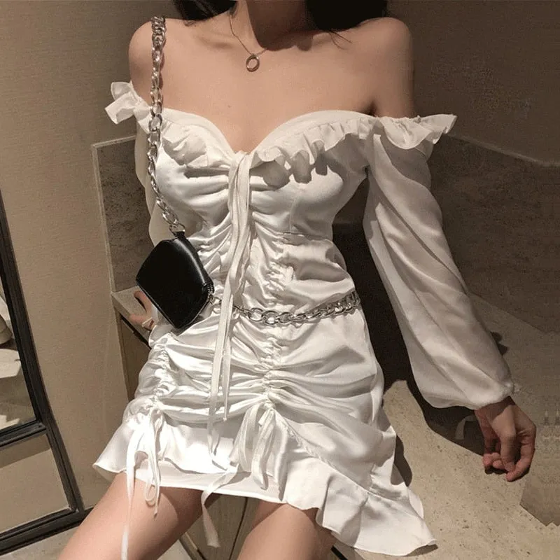 Wjczt Sexy Satin Mermaid Dress Women Mini Bodycon Dresses Ruffle Long Sleeve Dress Ladies Party Night Club Off Shoulder Dress Vestiods