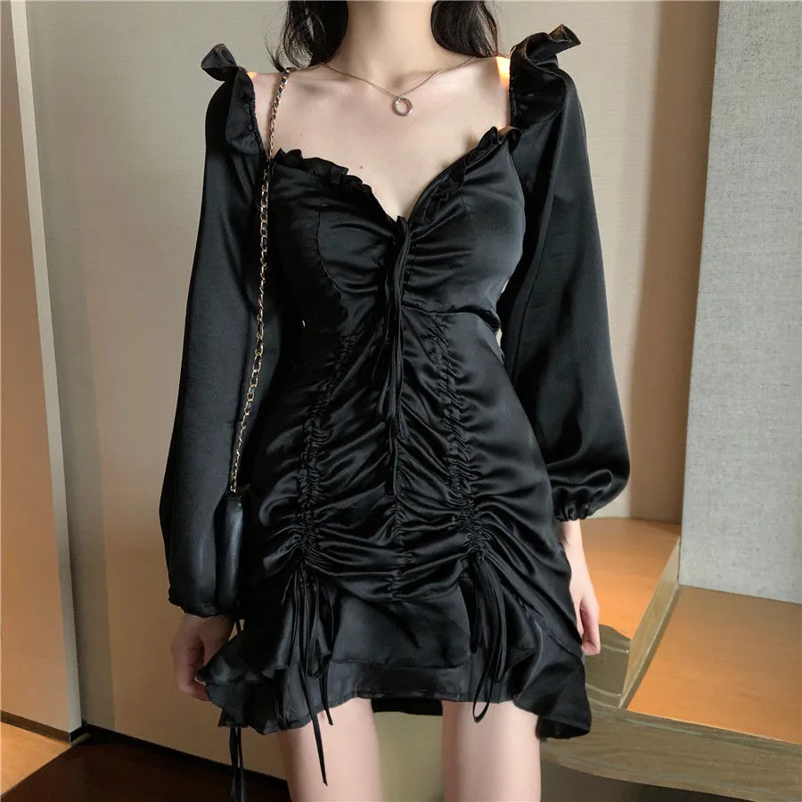 Wjczt Sexy Satin Mermaid Dress Women Mini Bodycon Dresses Ruffle Long Sleeve Dress Ladies Party Night Club Off Shoulder Dress Vestiods