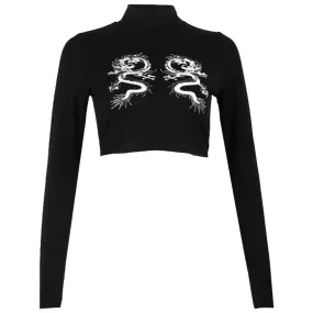 WLS Dark Double Dragon Print Cropped Sweatshirt