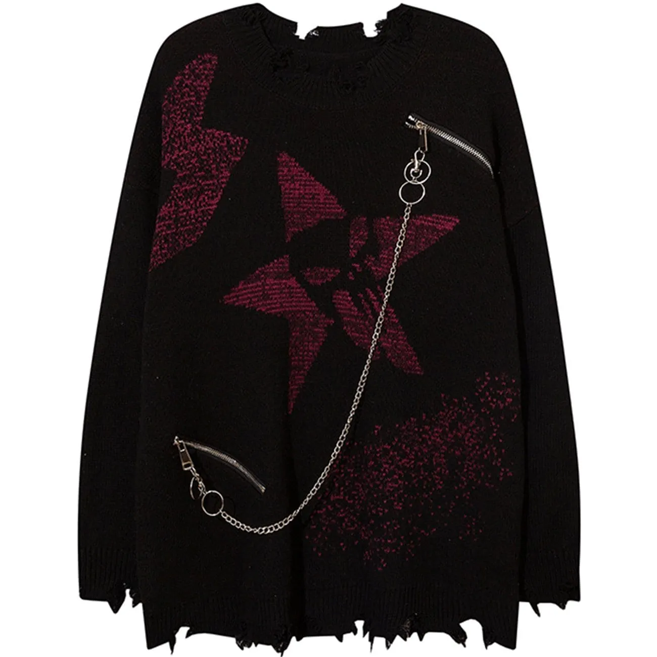 WLS Irregular Ripped Skeleton Zipper Chain Knit Sweater