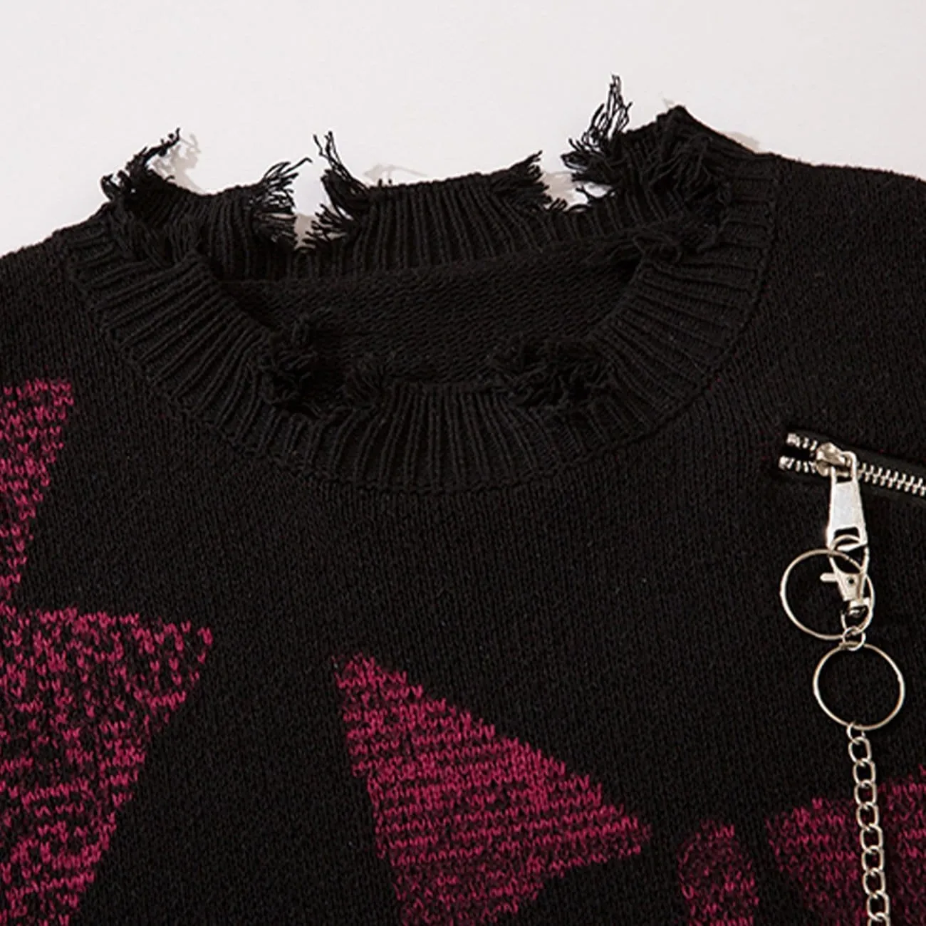 WLS Irregular Ripped Skeleton Zipper Chain Knit Sweater