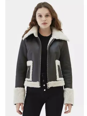 Women’s Black Leather White Shearling Fur Collar Jacket