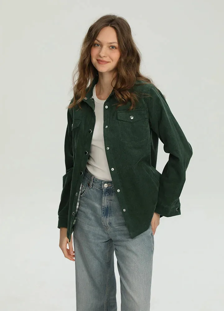 Women's Boyfriend Fit Flannel-Lined Long-Sleeve Corduroy Shirt Jacket