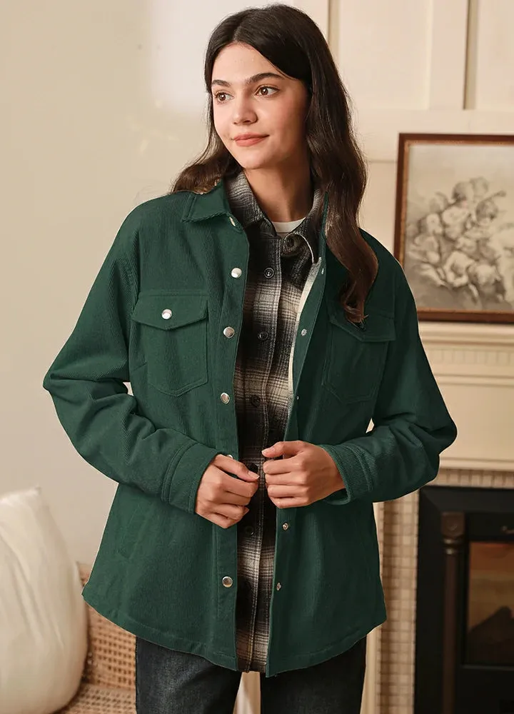 Women's Boyfriend Fit Flannel-Lined Long-Sleeve Corduroy Shirt Jacket