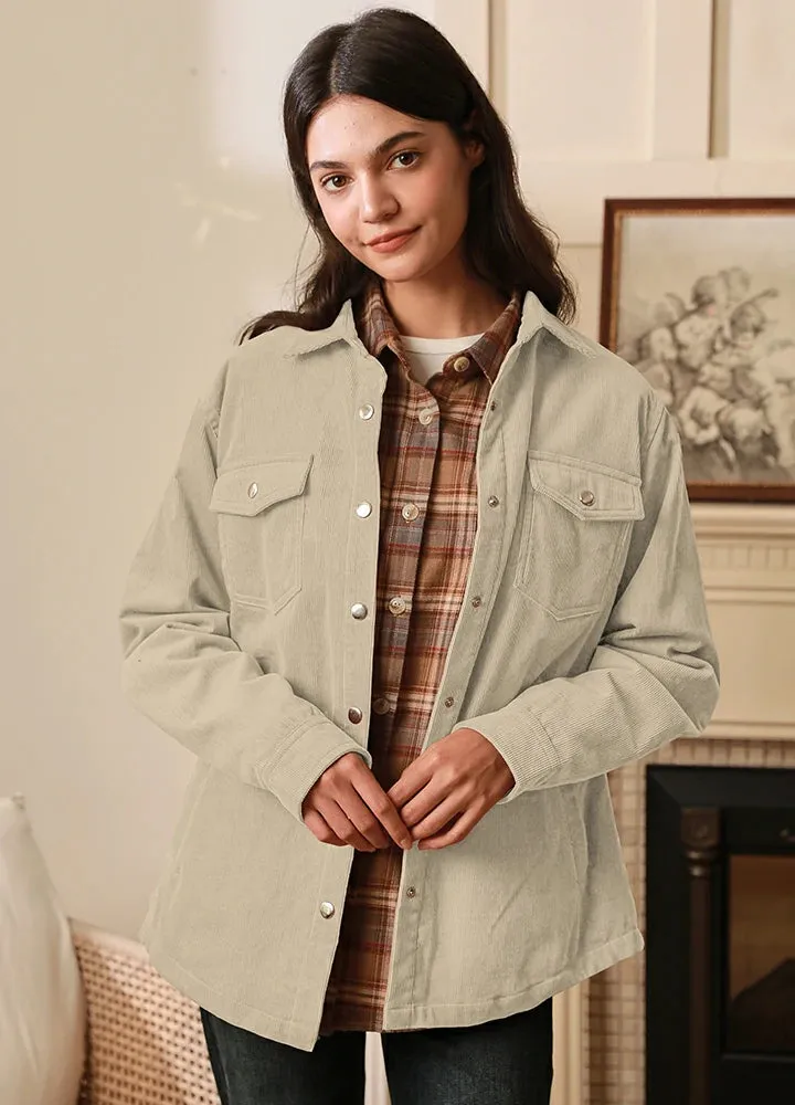 Women's Boyfriend Fit Flannel-Lined Long-Sleeve Corduroy Shirt Jacket