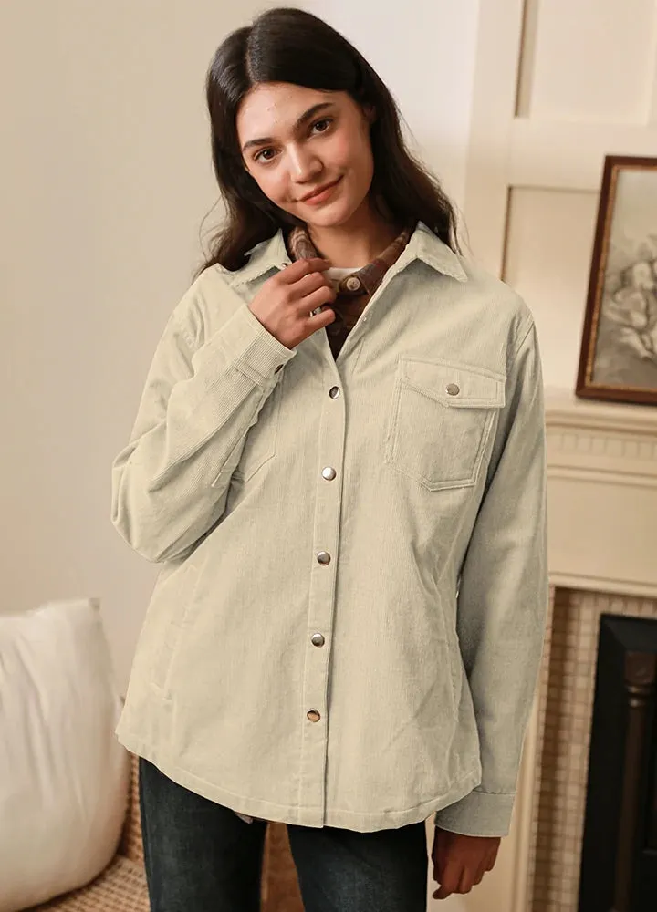 Women's Boyfriend Fit Flannel-Lined Long-Sleeve Corduroy Shirt Jacket