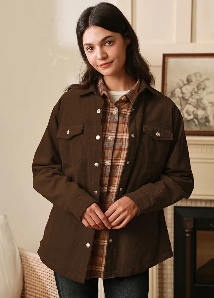 Women's Boyfriend Fit Flannel-Lined Long-Sleeve Corduroy Shirt Jacket