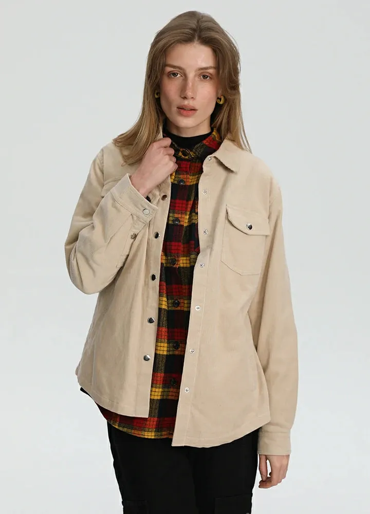 Women's Boyfriend Fit Flannel-Lined Long-Sleeve Corduroy Shirt Jacket