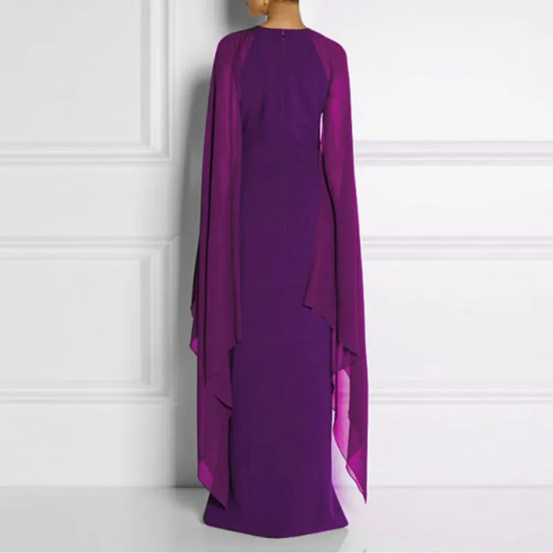 Womens Chiffon Evening Dress With batwing long sleeves and side slit