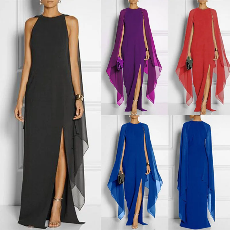 Womens Chiffon Evening Dress With batwing long sleeves and side slit