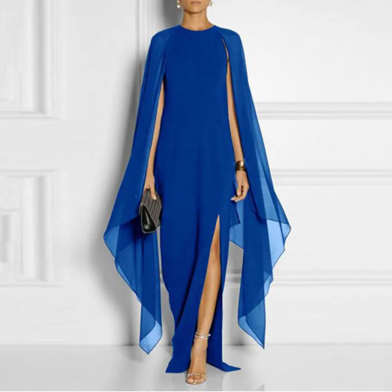 Womens Chiffon Evening Dress With batwing long sleeves and side slit