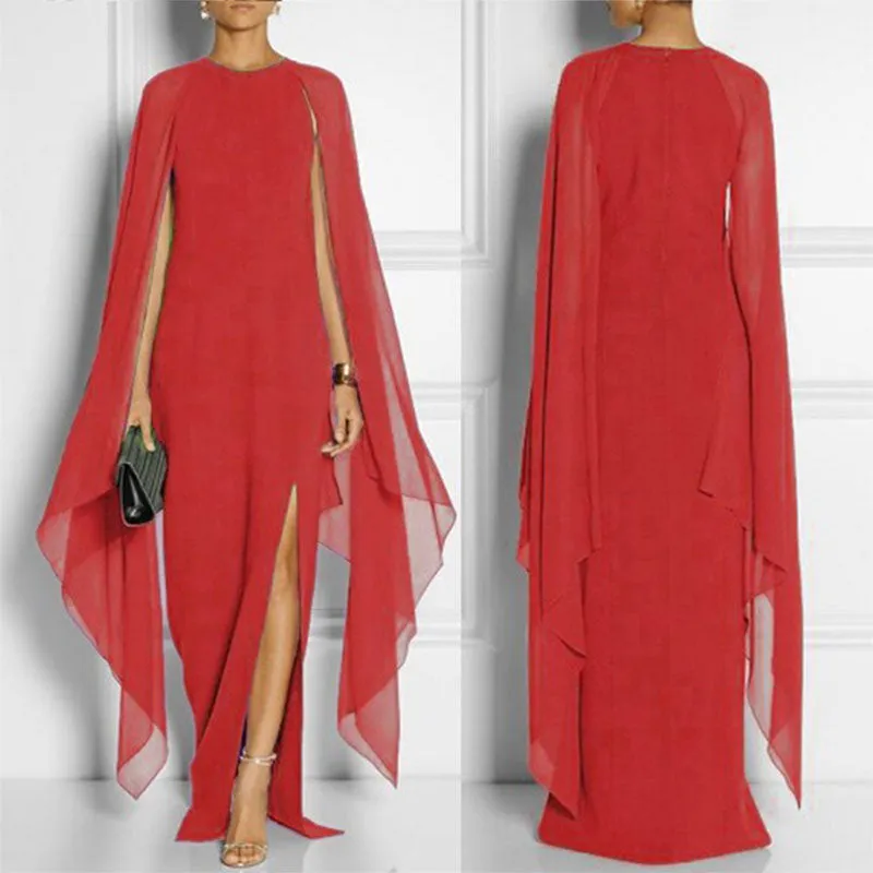 Womens Chiffon Evening Dress With batwing long sleeves and side slit