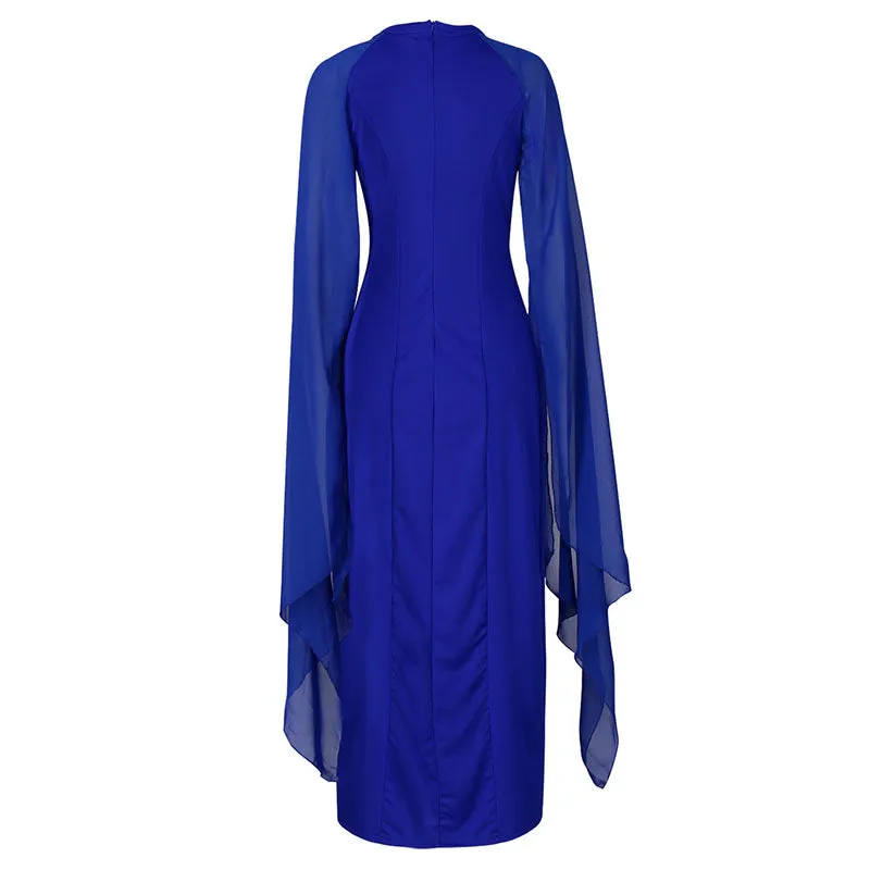 Womens Chiffon Evening Dress With batwing long sleeves and side slit