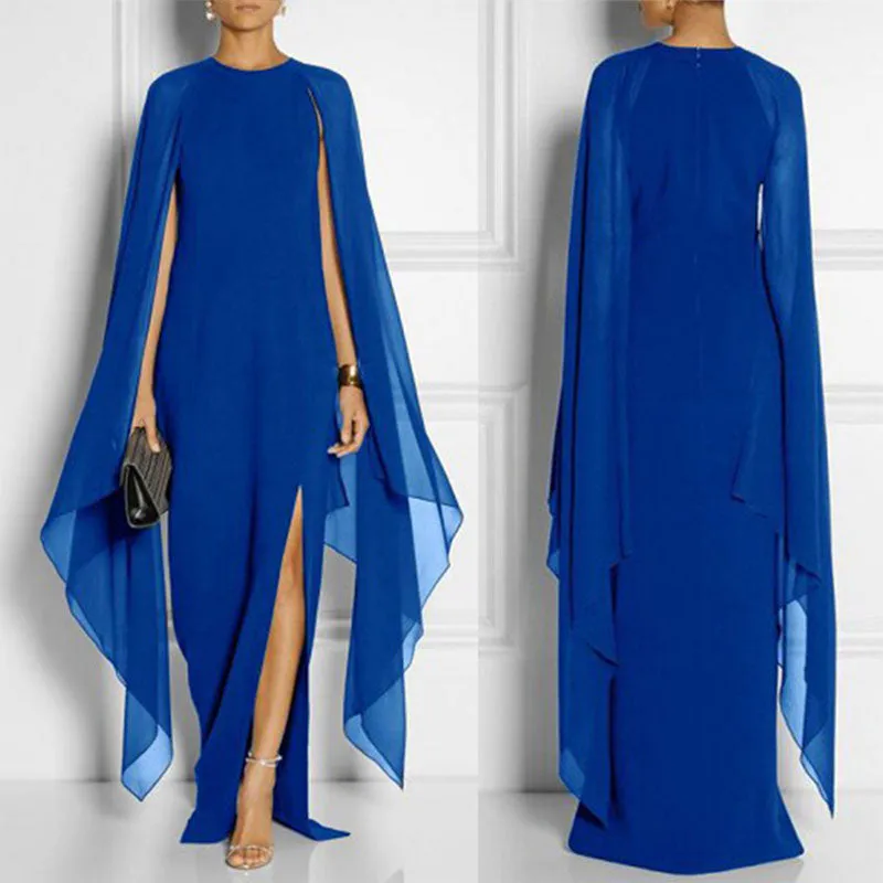 Womens Chiffon Evening Dress With batwing long sleeves and side slit