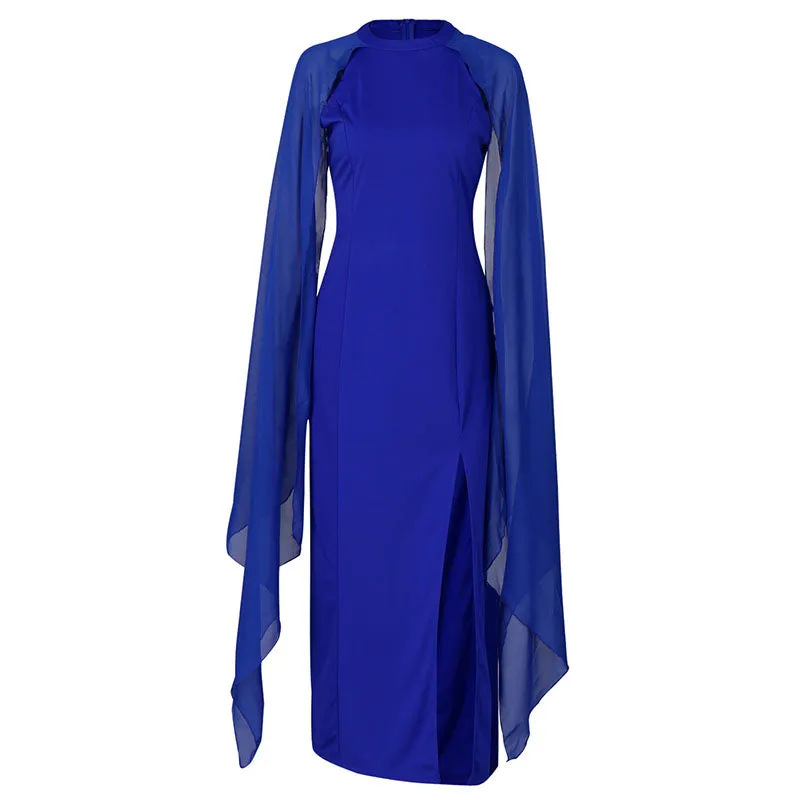 Womens Chiffon Evening Dress With batwing long sleeves and side slit