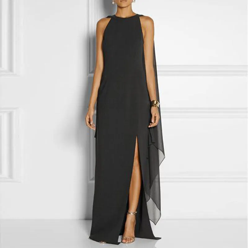 Womens Chiffon Evening Dress With batwing long sleeves and side slit