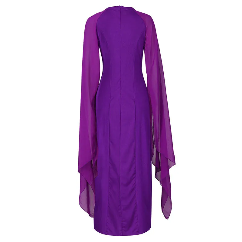 Womens Chiffon Evening Dress With batwing long sleeves and side slit