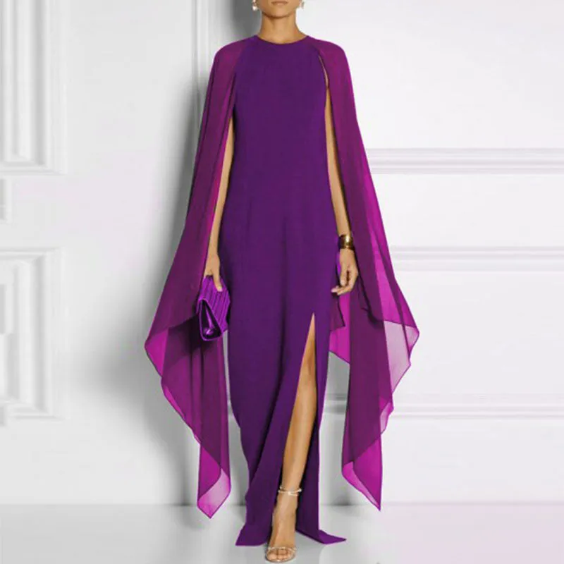 Womens Chiffon Evening Dress With batwing long sleeves and side slit