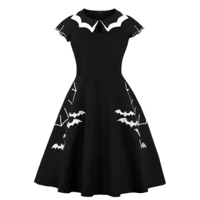 Women's Vintage Bat Print Halloween A-Line Swing Costume Dress