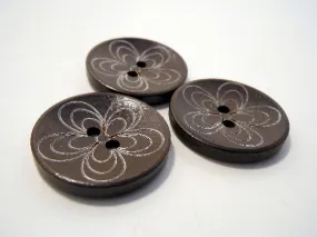 Wooden Buttons Set of 3: Brown Wooden Daisy Buttons ~ Large Dark Brown Colored Wooden Buttons with White Daisies 1 1/4" Diameter