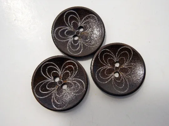 Wooden Buttons Set of 3: Brown Wooden Daisy Buttons ~ Large Dark Brown Colored Wooden Buttons with White Daisies 1 1/4" Diameter