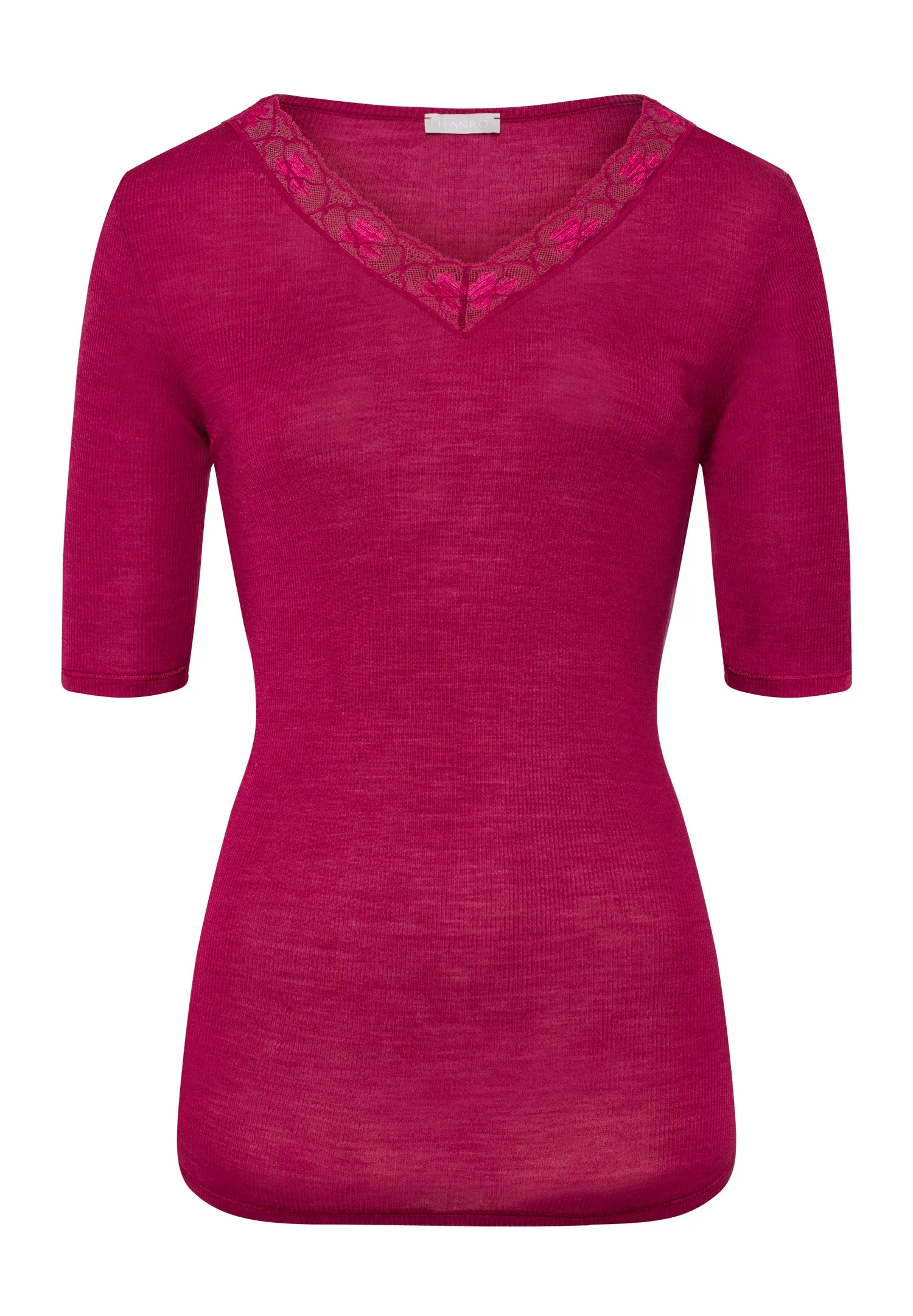 Woolen Lace Lace Trim V-Neck Wool And Silk Top | Intense Garnet 70972-2406