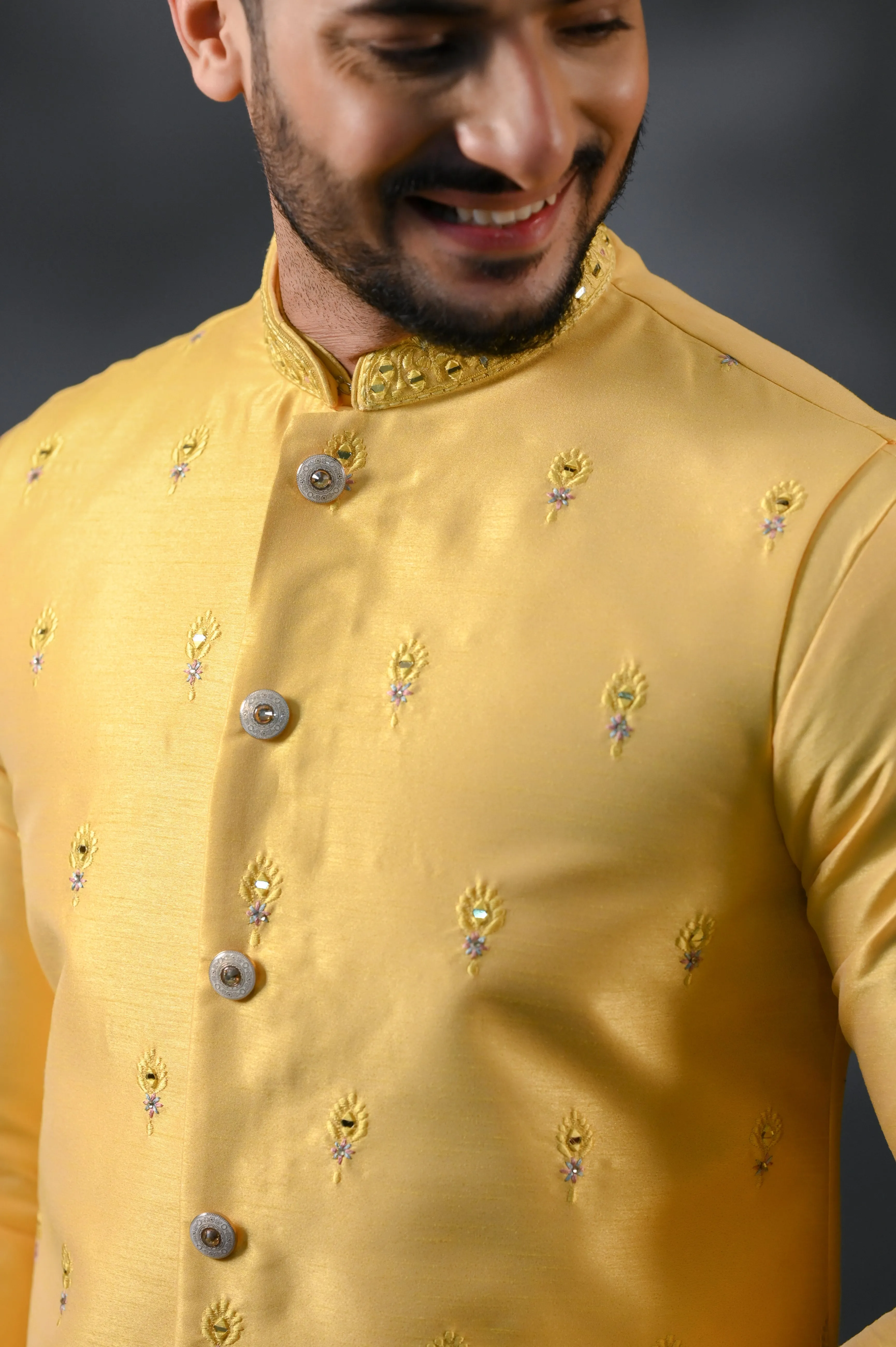 Yellow Chanderi Silk Jacket Set With Mirror & Resham Work