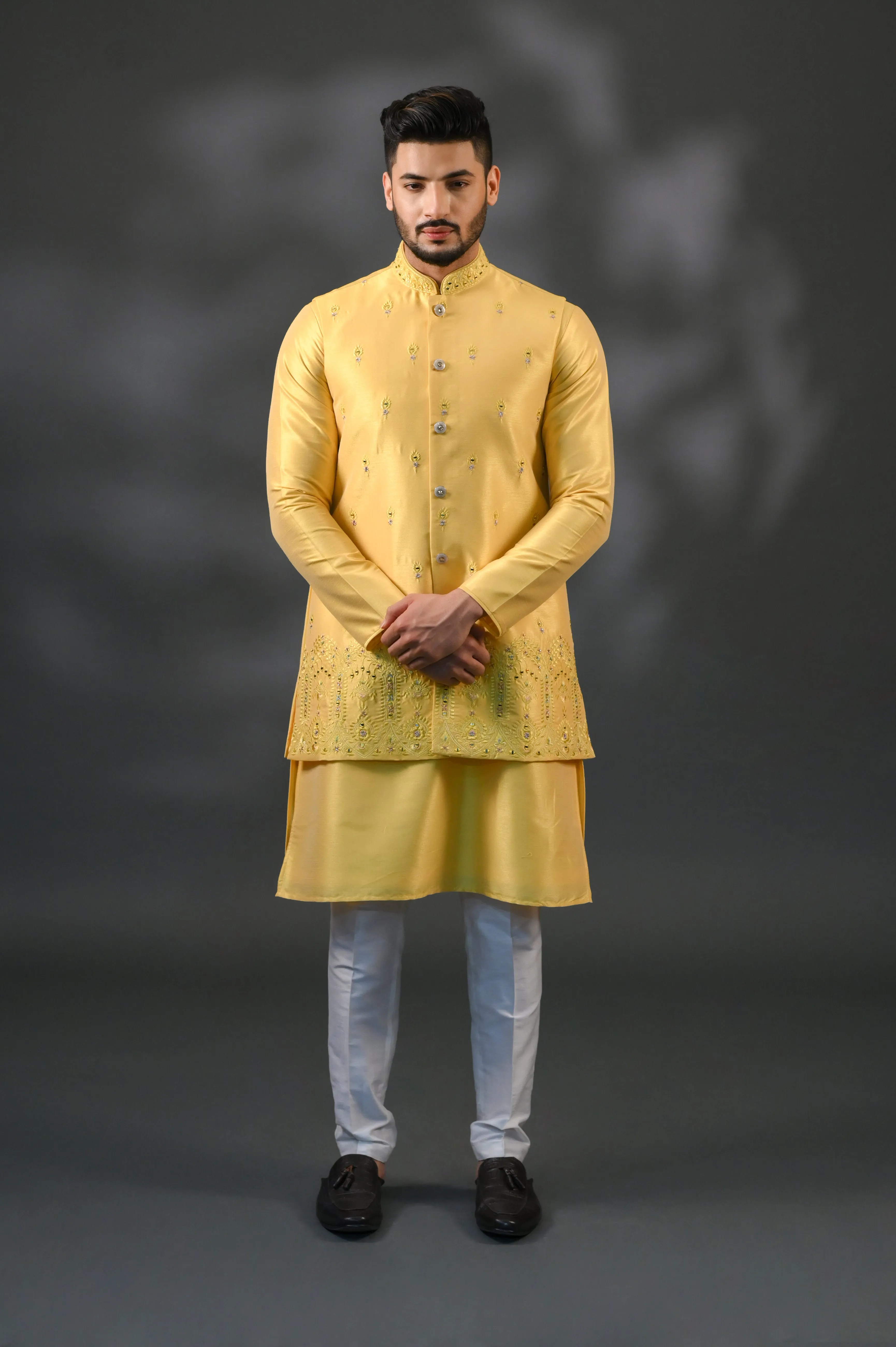 Yellow Chanderi Silk Jacket Set With Mirror & Resham Work