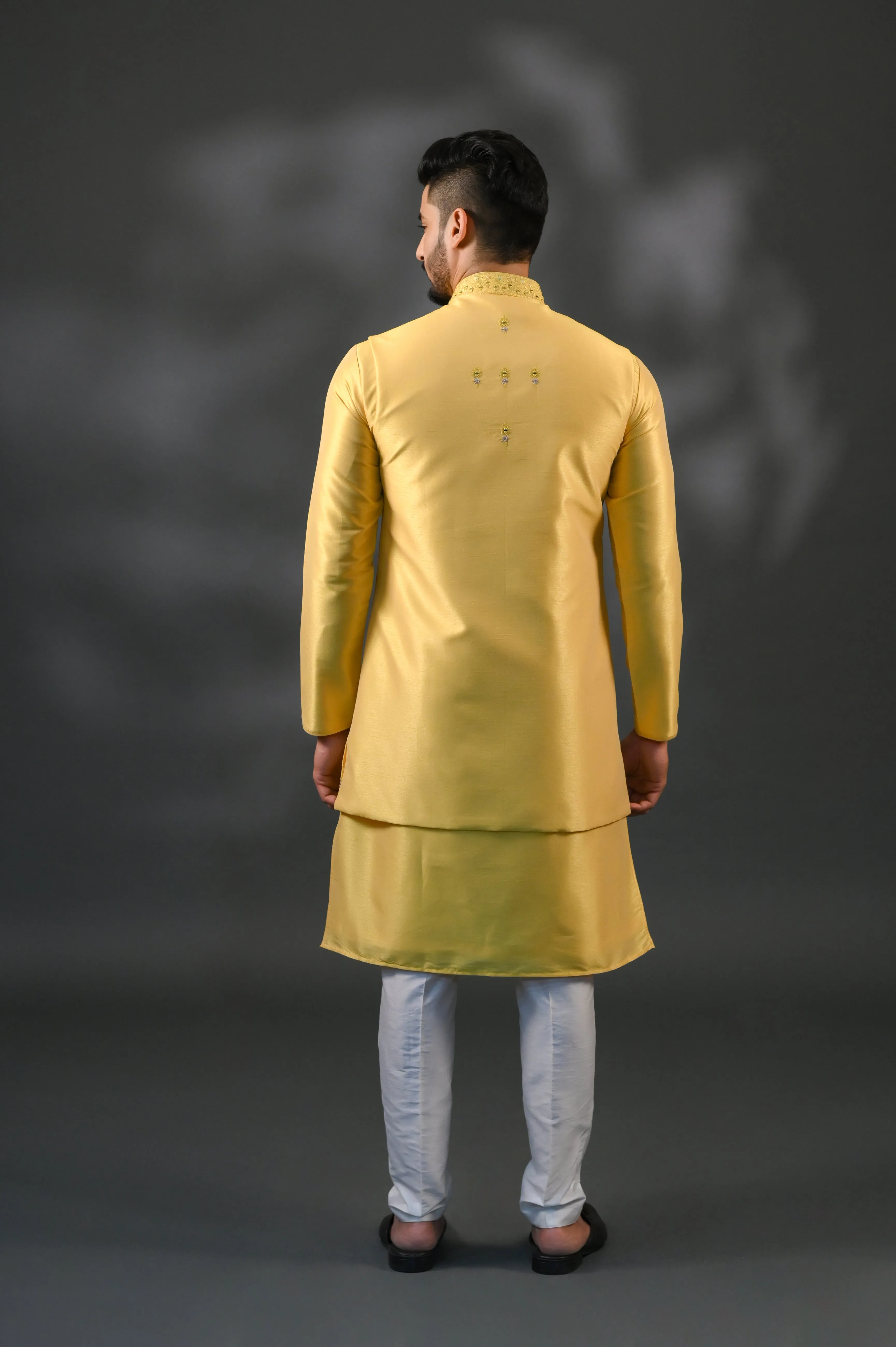 Yellow Chanderi Silk Jacket Set With Mirror & Resham Work