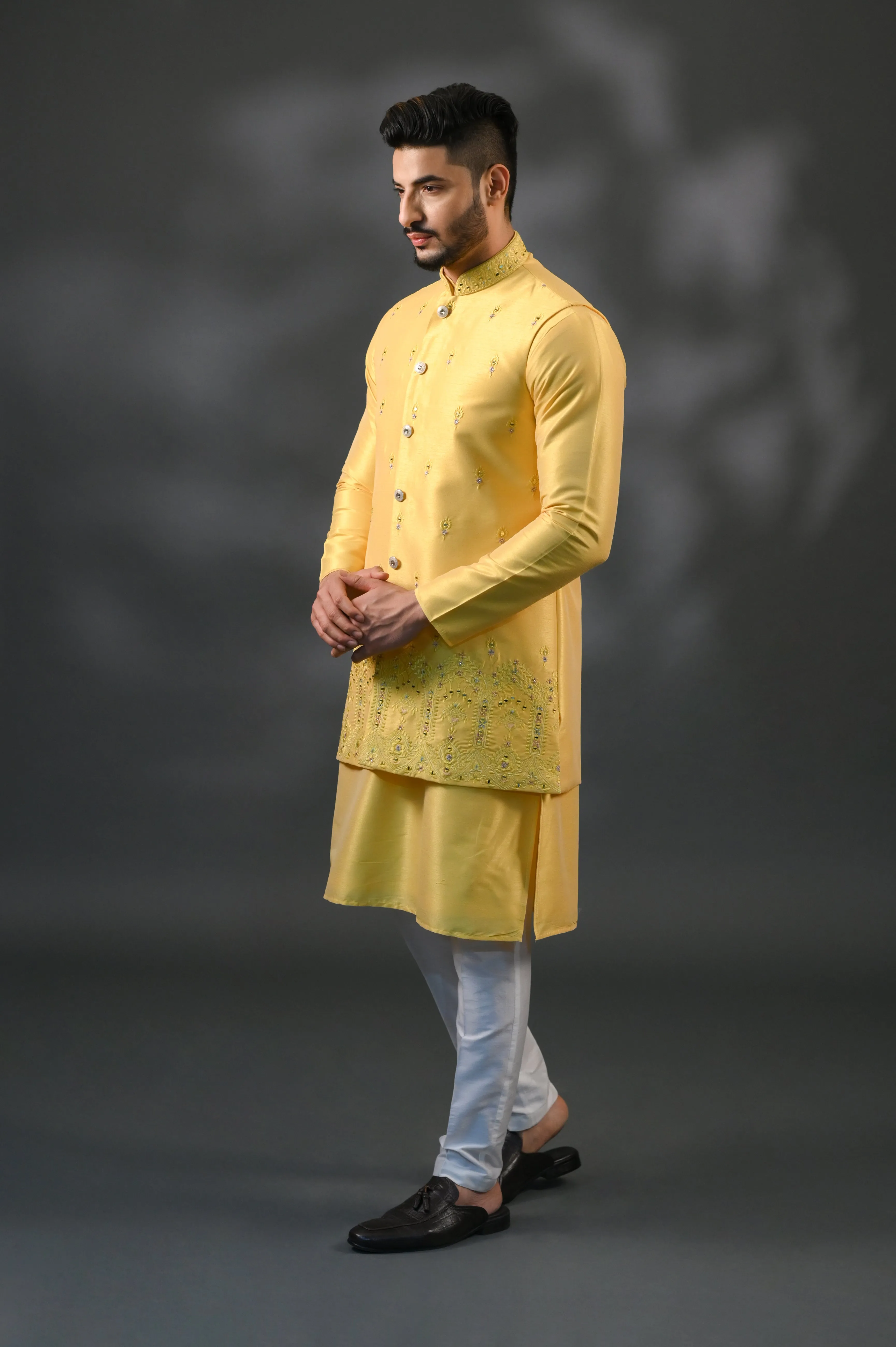 Yellow Chanderi Silk Jacket Set With Mirror & Resham Work