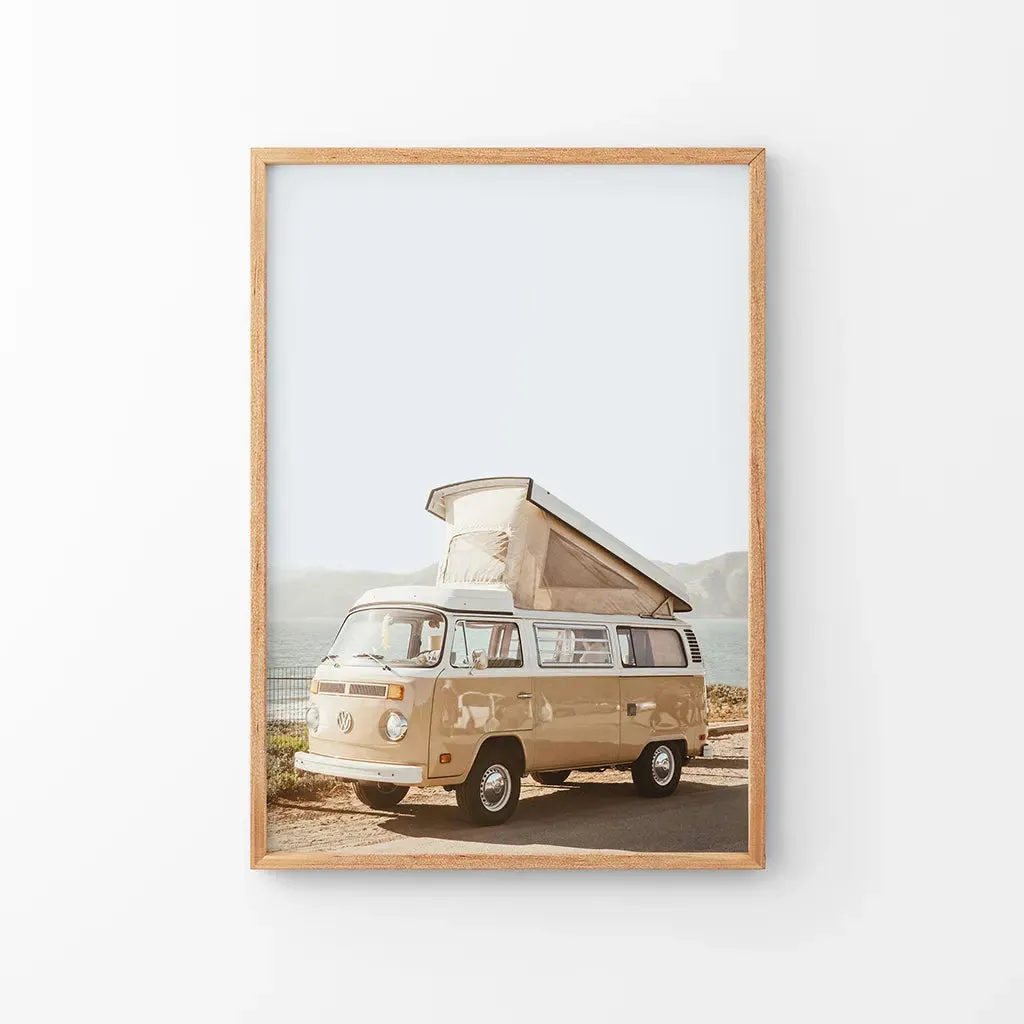 Yellow Vintage Hipster Van Wall Art. Summer Travel