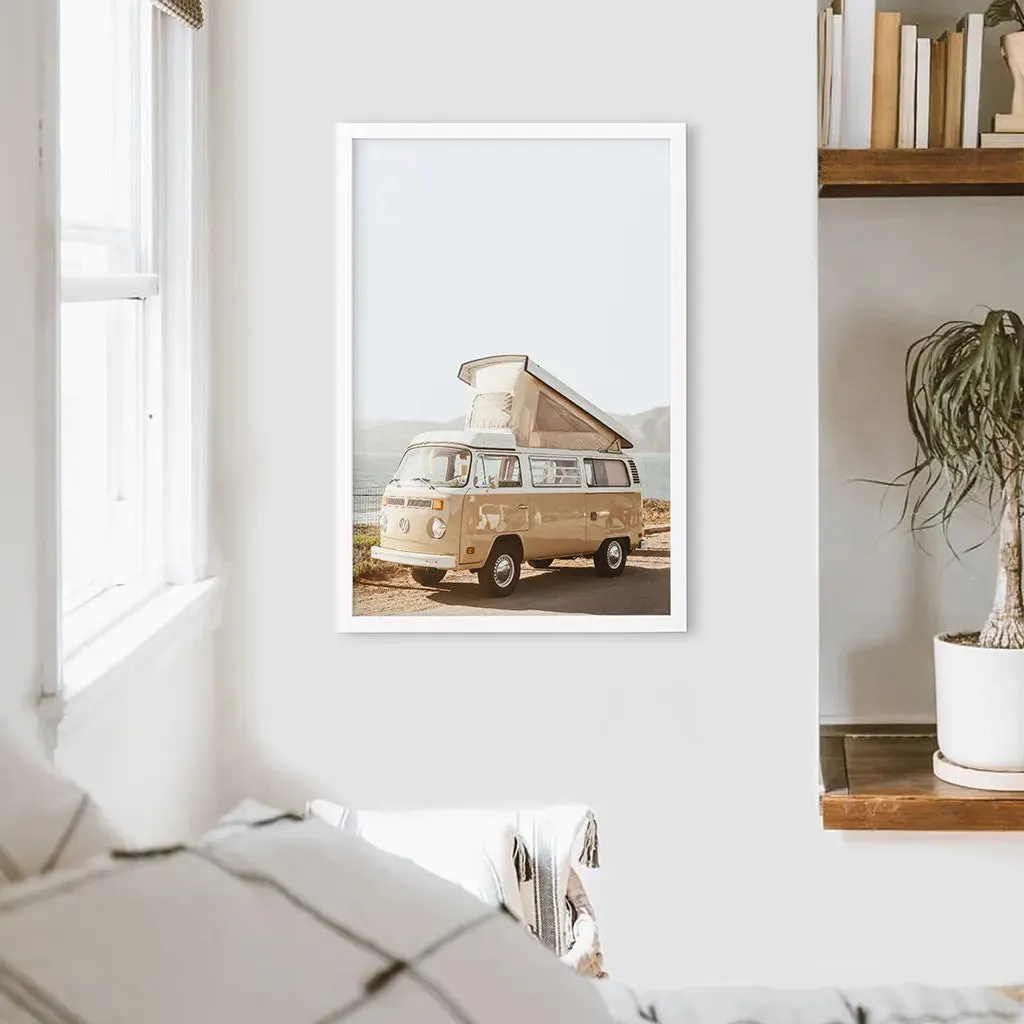 Yellow Vintage Hipster Van Wall Art. Summer Travel