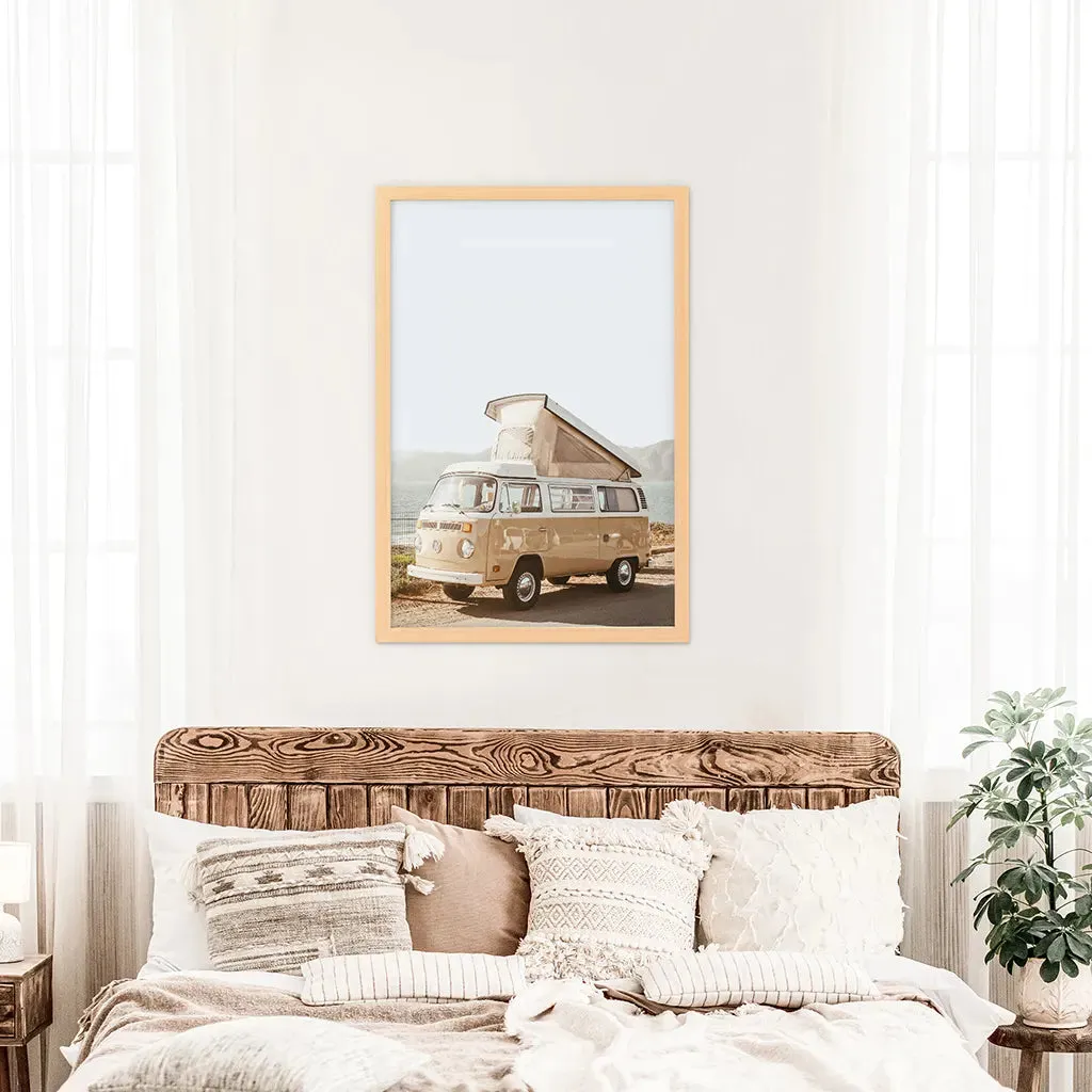 Yellow Vintage Hipster Van Wall Art. Summer Travel